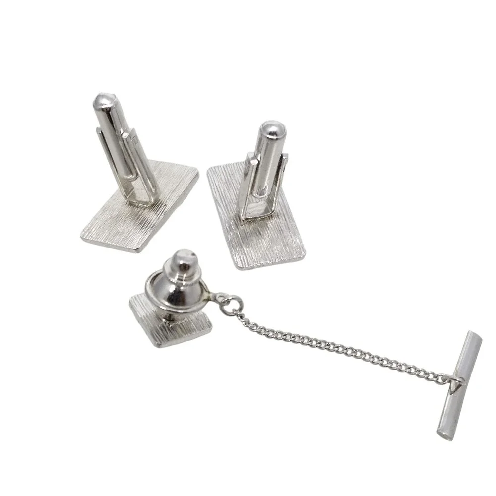 Blue Crystal Cufflinks Tie Tac Bar Sarah Coventry Brushed Silver Tone Formal Set